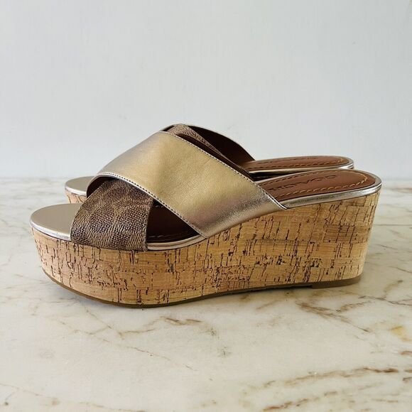 COACH Gold Brown Logo Wedge Heel Platform Slide Sandals - US 9.5 - Picture 5 of 8